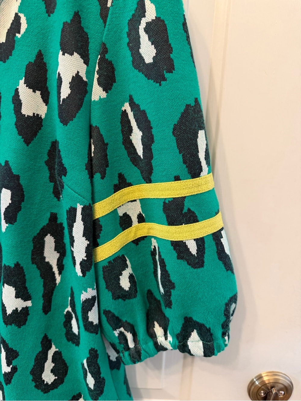 VOY Green Leopard Print Ruffle Neck Top with Yellow Stripe Sleeves - Picture 3 of 5